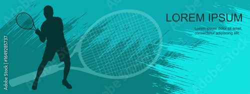 Tennis player with racket silhouettes on grunge background  for sport competition or training concept, banner. Vector illustration