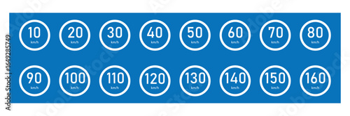 Speed limit 5 to 200km round road traffic icon sign flat style design vector illustration set isolated on white background. Circle standard road sign with number km/h in eps 10.Vector background .