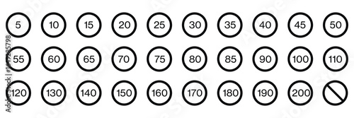 Speed limit 5 to 200km round road traffic icon sign flat style design vector illustration set isolated on white background. Circle standard road sign with number km/h in eps 10.Vector background .