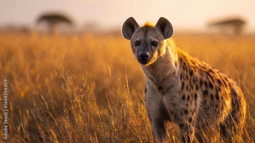Obraz premium Hyena standing in grassy field with blurred trees under golden sunset light