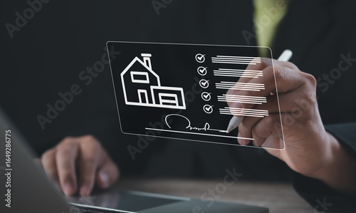 Businessman signing digital real estate contract on virtual interface, representing property agreement, checklist completion, and modern technology in housing transactions and legal documents.