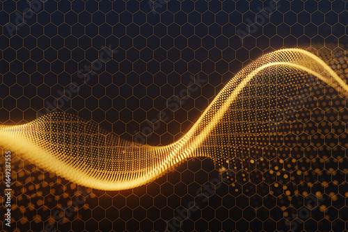 Golden particle wave with hexagonal grid background