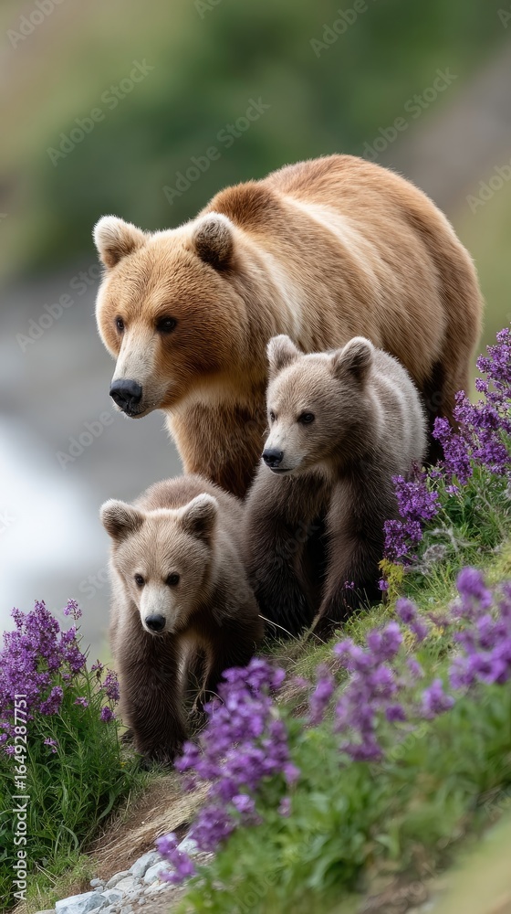 Fototapeta premium Mother bear and her two cubs walk gracefully along an alpine hillside, surrounded by blooming purple heather in a serene setting