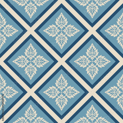 Elegant geometric diamond pattern with ornate floral motifs, a classic and stylish design. The combination of colors and intricate design adds a touch of sophistication and timeless appeal.