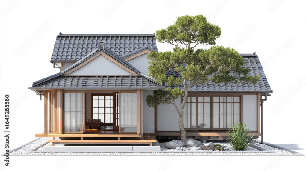 Fototapeta premium Japanese Style House, A minimalist 3D rendering of a Japanese-style house with clean lines, a traditional roof, and a small zen garden. Natural wood and gray tones. Isolated on a white background. 
