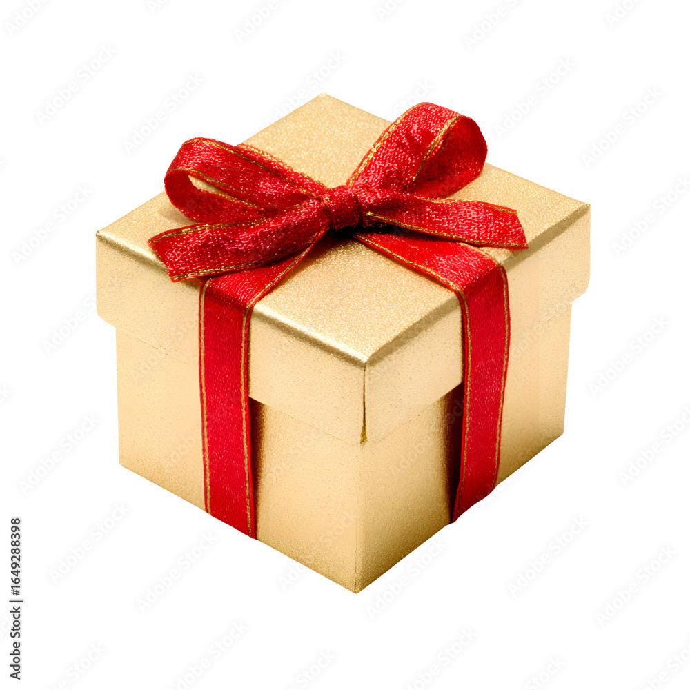 Obraz premium Gold gift box with a red ribbon PNG with a transparent background for luxurious and festive gifting occasions.