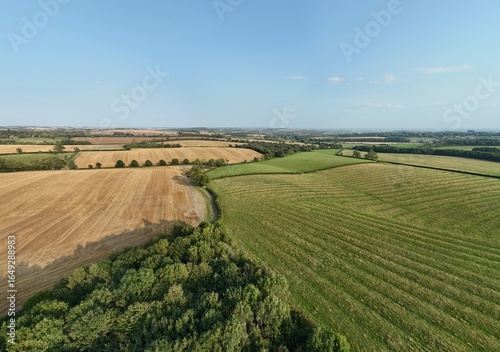 Obraz na plátně Aerial drone shot of rural agriculture landscape fields, golden harvest and gree