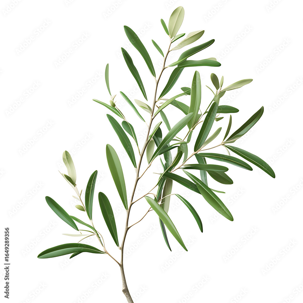 Obraz premium olive branch with delicate stems and subtle leaf veins, isolated on a transparent background. Generative AI