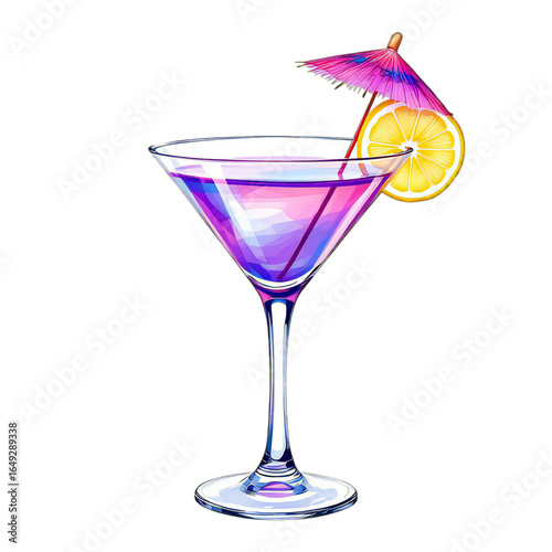 A vibrant purple and pink martini cocktail garnished with a lemon slice and a colorful umbrella, isolated on a transparent background, perfect for summer celebrations and tropical parties