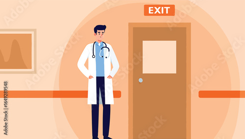 Illustration of a physician with a stethoscope in a medical facility. Modern flat cartoon vector design for healthcare concepts.