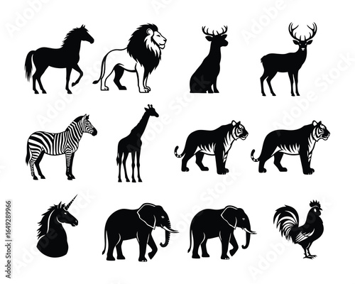 Diverse Animal Silhouettes Black and White Depiction of Wildlife and Mythical Creatures in a Graphic Art Style