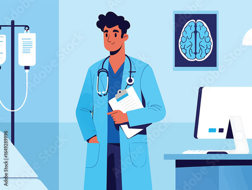 Professional male doctor with a stethoscope and clipboard standing in a modern hospital room. Healthcare and medicine concept. Vector (62).eps.