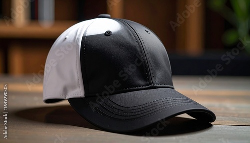 Wallpaper Mural A stylish two-tone baseball cap with black and white panels and a black brim, resting on a green surface with a wooden wall and foliage in the background—evoking casual elegance, contrast, and natural Torontodigital.ca