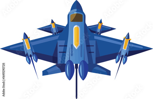 Top-down view of a sleek blue fighter jet ready for high-speed flight