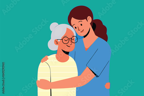 Young female nurse hugging and supporting an elderly senior woman. Vector illustration of compassionate healthcare and assistance.