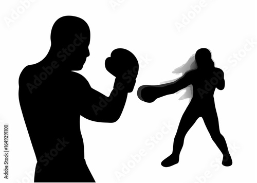 Silhouette of two boxers engaged in a boxing match with one boxer throwing a punch and the other defending