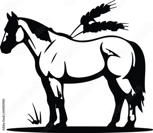 Silhouette of a Pinto Horse with Wheat Stalks and Grass