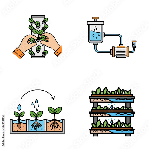 Modern agriculture concept art featuring hands harvesting leafy greens, hydroponic nutrient circulation equipment, seedling growth stages, and stacked plant beds with irrigation