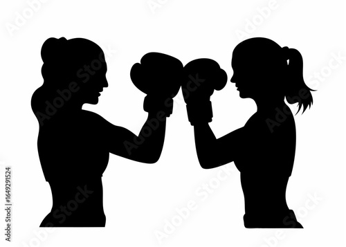 Silhouette of two female boxers facing each other wearing boxing gloves ready for a sparring match session