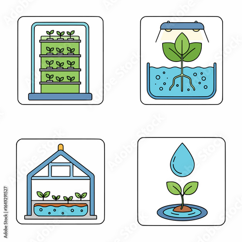 Modern agriculture concept art depicting seedlings growing in water-based environments, artificial lighting for photosynthesis, and efficient irrigation methods