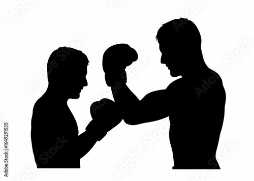 Silhouette of two boxers sparring in black and white with boxing gloves in a training session scene