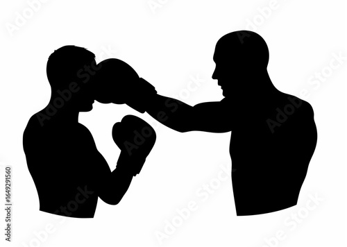 Silhouette of two boxers sparring with one boxer landing a punch on the other in a boxing ring setting