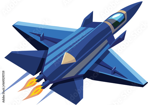 Top-down view of a sleek blue fighter jet ready for high-speed flight