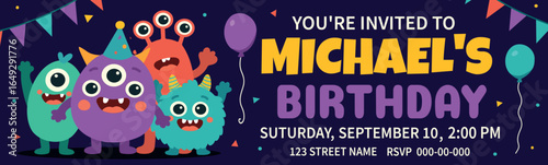Invitation to a children's party Monster Bash with cute colorful monsters, fireworks and confetti on a dark blue background. Bright design, horizontal format. Ideal for a birthday
