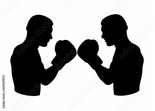 Two boxers facing each other in silhouette wearing boxing gloves ready to fight in a boxing match sport 100