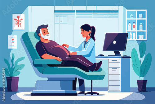 Female doctor performing an abdominal examination on a male patient in a medical clinic. Vector illustration of a healthcare consultation.