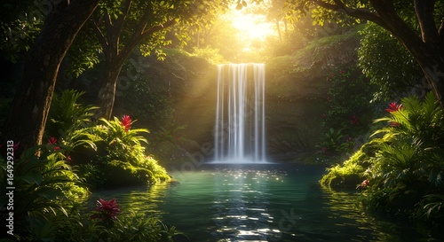 Jungle waterfall sunlight serenity