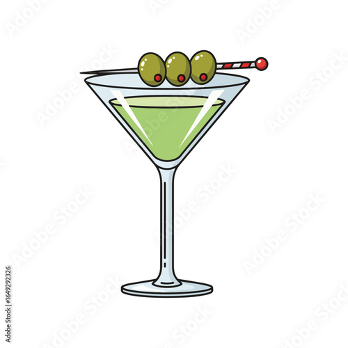 An illustration of a martini glass filled with a green liquid, garnished with three olives on a decorative skewer.