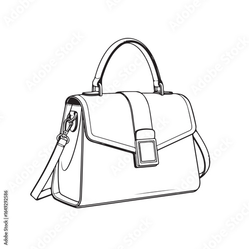 Elegant black and white vector line art illustration of a stylish women's leather handbag, a classic fashion accessory, isolated.