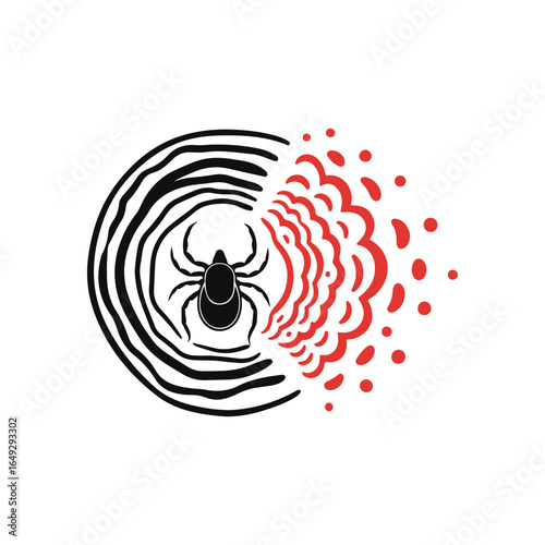 Vector illustration of a tick with concentric black circles resembling a bullseye rash and radiating red elements, symbolizing Lyme disease or tick-borne illness and infection.