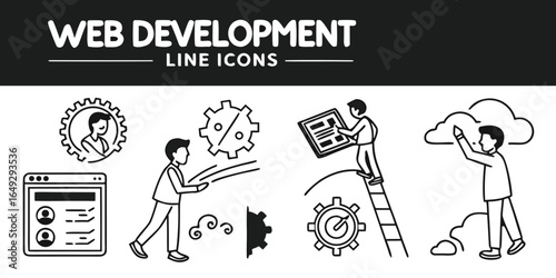 Vector art of web development line icons showcasing various aspects of website creation and online technology
