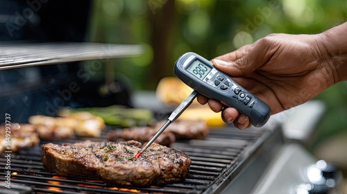 Hand holds a digital meat thermometer above a ribeye steak cooking on the grill, showcasing precision in outdoor grilling
