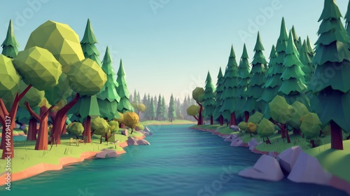 Low poly river flowing through a forest on a sunny day with clear blue sky