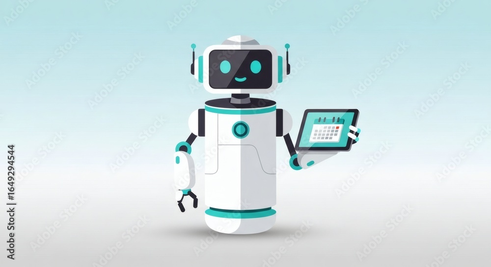 Fototapeta premium Modern AI robot holding a digital tablet. Vector illustration of a friendly chatbot assistant for futuristic technology concepts.