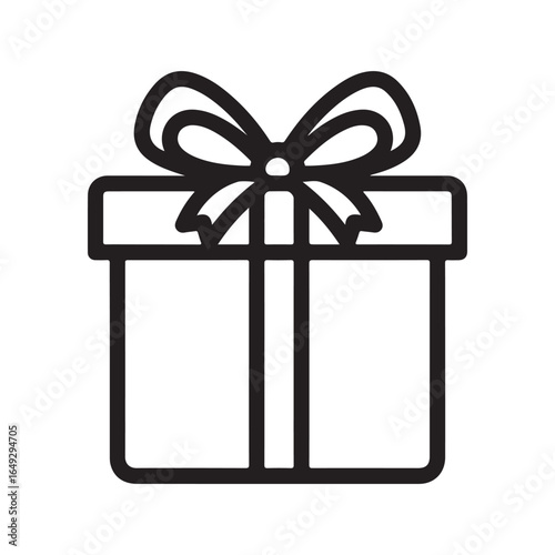 Black line art icon of a simple gift box with a decorative bow. Isolated vector illustration on a white background, perfect for celebrations and holidays.