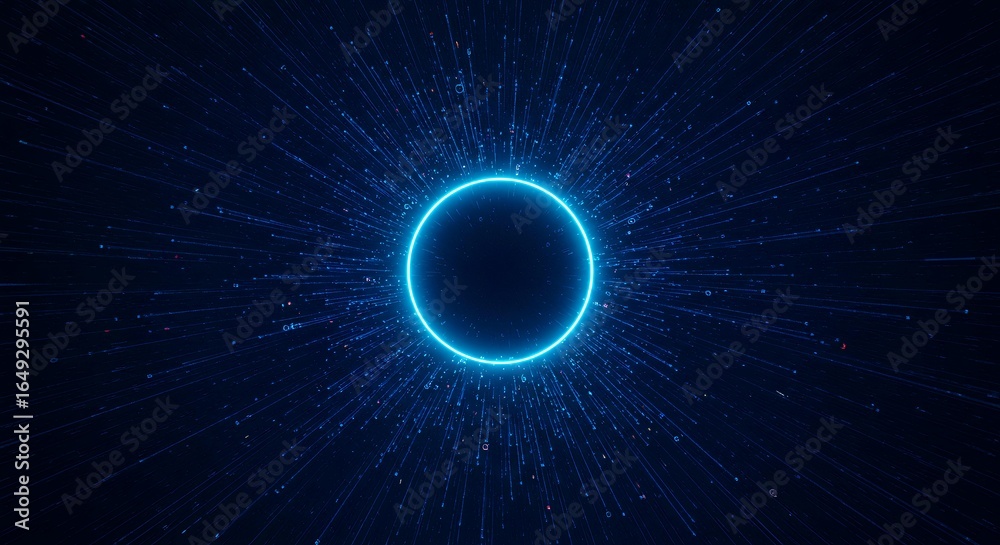 Fototapeta premium Glowing blue neon circle portal with radiating light rays and particle effects on dark background, abstract technology digital communication concept illustration