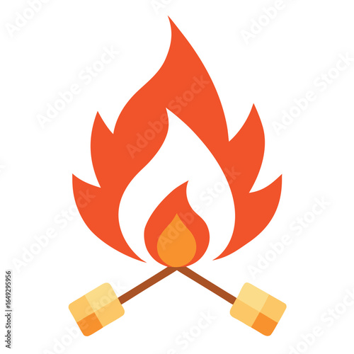 Flat design illustration of a cozy campfire with marshmallows roasting on sticks perfect for outdoor themes and camping adventures