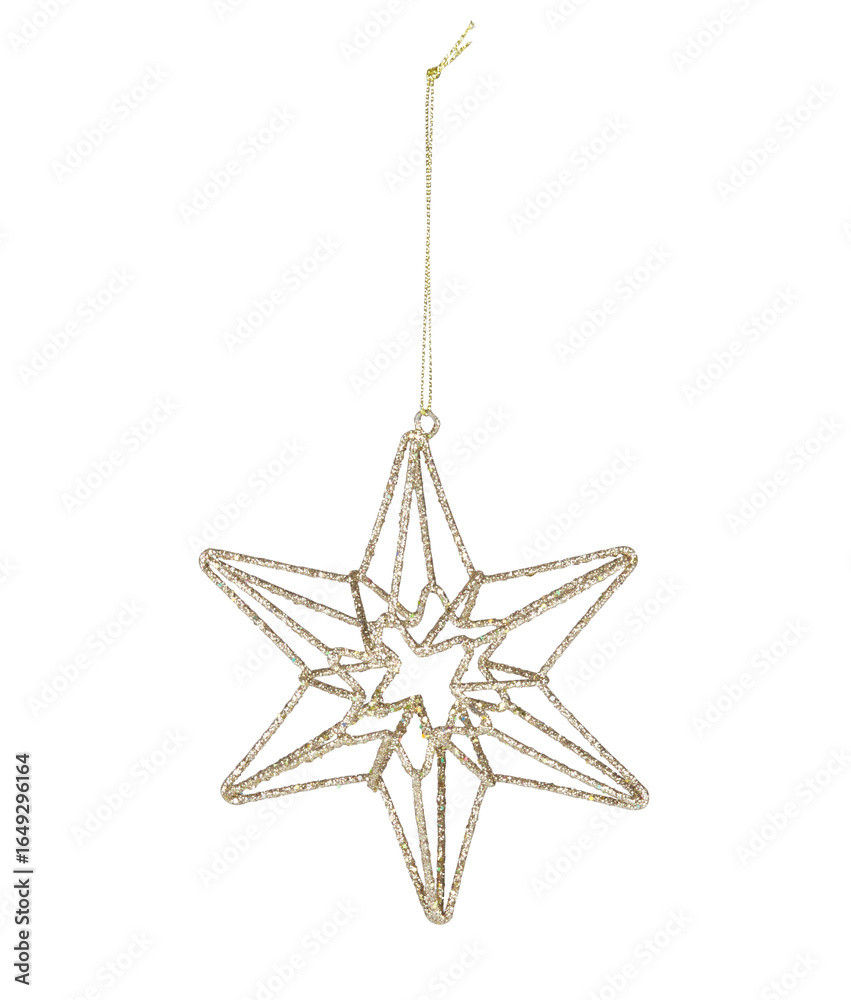 Obraz premium Gold star steel frame, Christmas glitter flakes with hanging rope cut out isolated transparent background