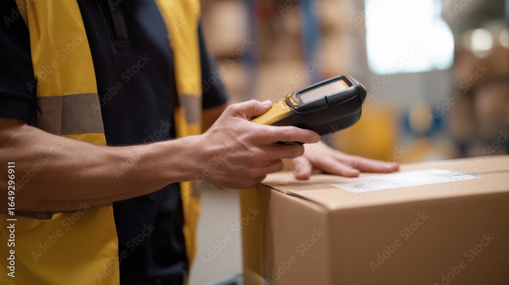 Naklejka premium Efficient warehouse worker using handheld scanner to track inventory on cardboard box, showcasing modern logistics and organization in busy storage environment