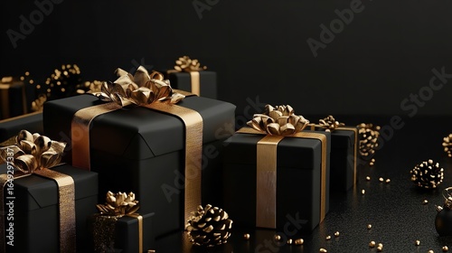 Elegant black gift boxes with gold ribbons and bows on a dark surface for a luxurious presentation