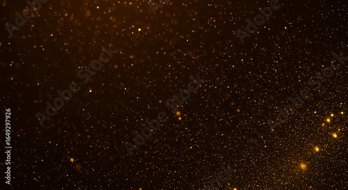 Golden dust particles scattered across deep space starfield with bright celestial objects, abstract cosmic background for astronomy themes