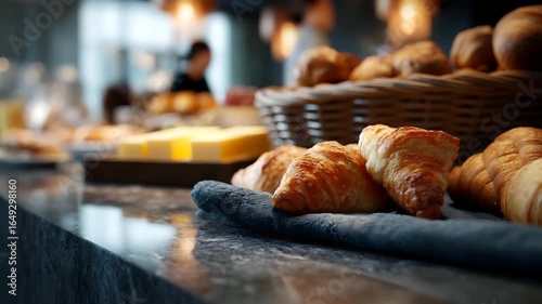 Breakfast buffet spread in a hotel dining area with food service lighting
