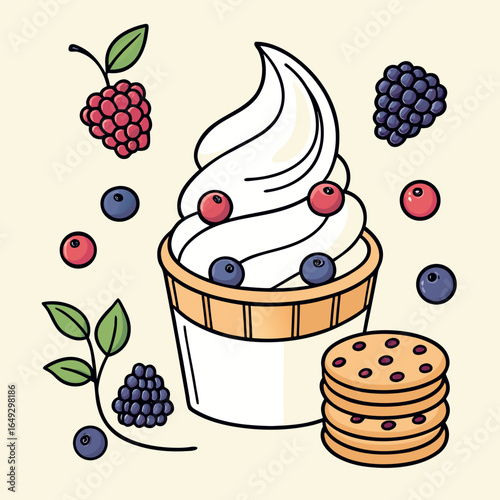 Creamy frozen yogurt dessert with mixed berries and stack of cookies on beige backdrop