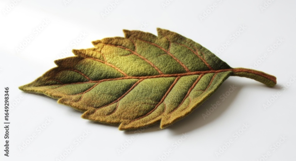 Fototapeta premium Hand-crafted felt leaf on a solid white background, handmade miniature