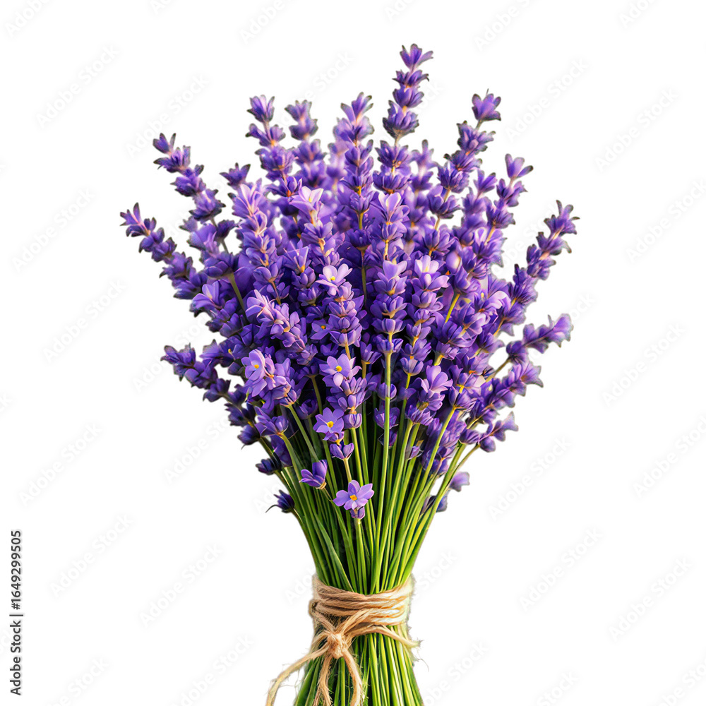 Obraz premium A beautiful bunch of fresh purple lavender flowers tied with twine, isolated on transparent background, showcasing its delicate petals and vibrant color, perfect for aromatherapy and natural remedies