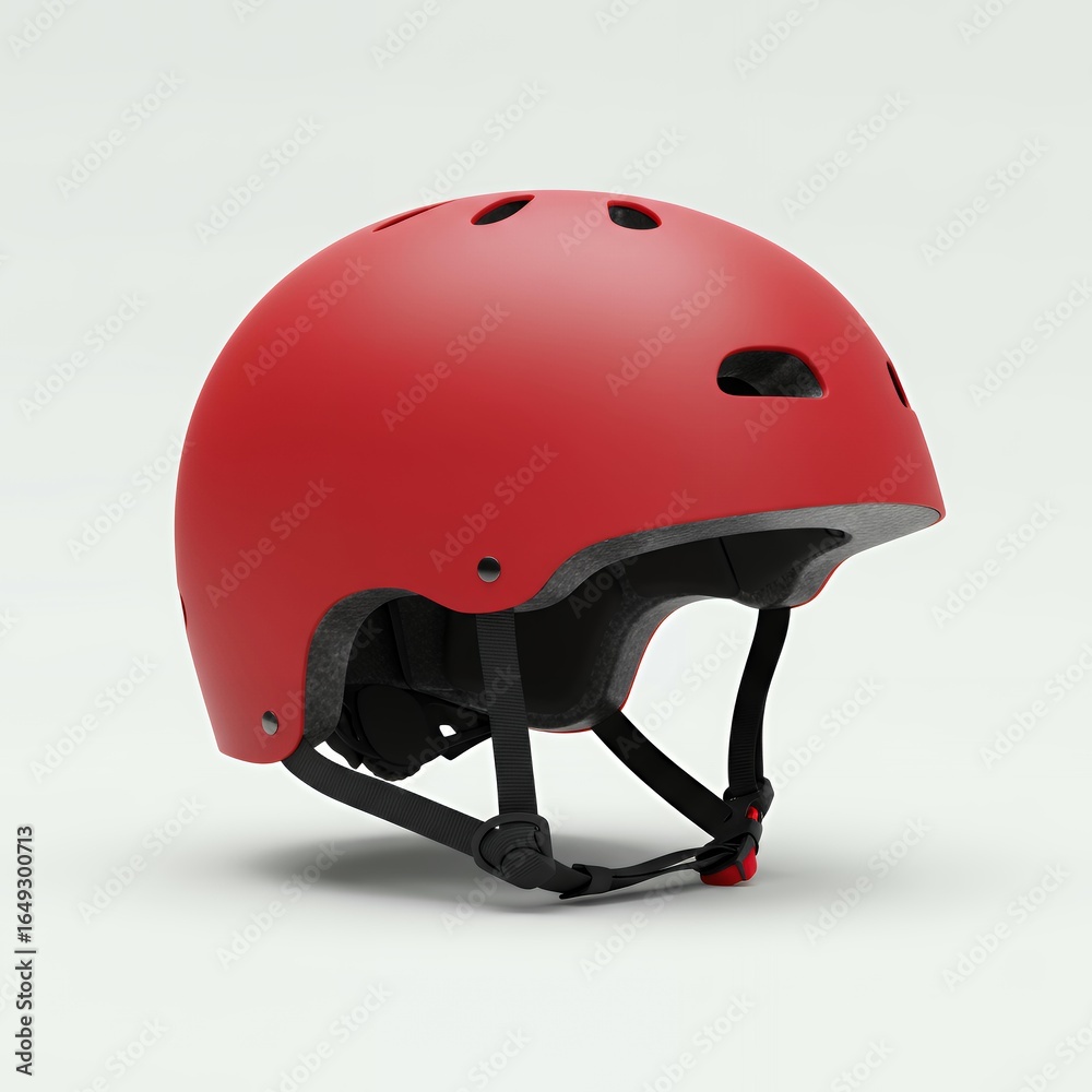 Fototapeta premium Red matte sports helmet with multiple ventilation holes and adjustable chin strap on neutral background for skateboarding cycling and extreme sports safety